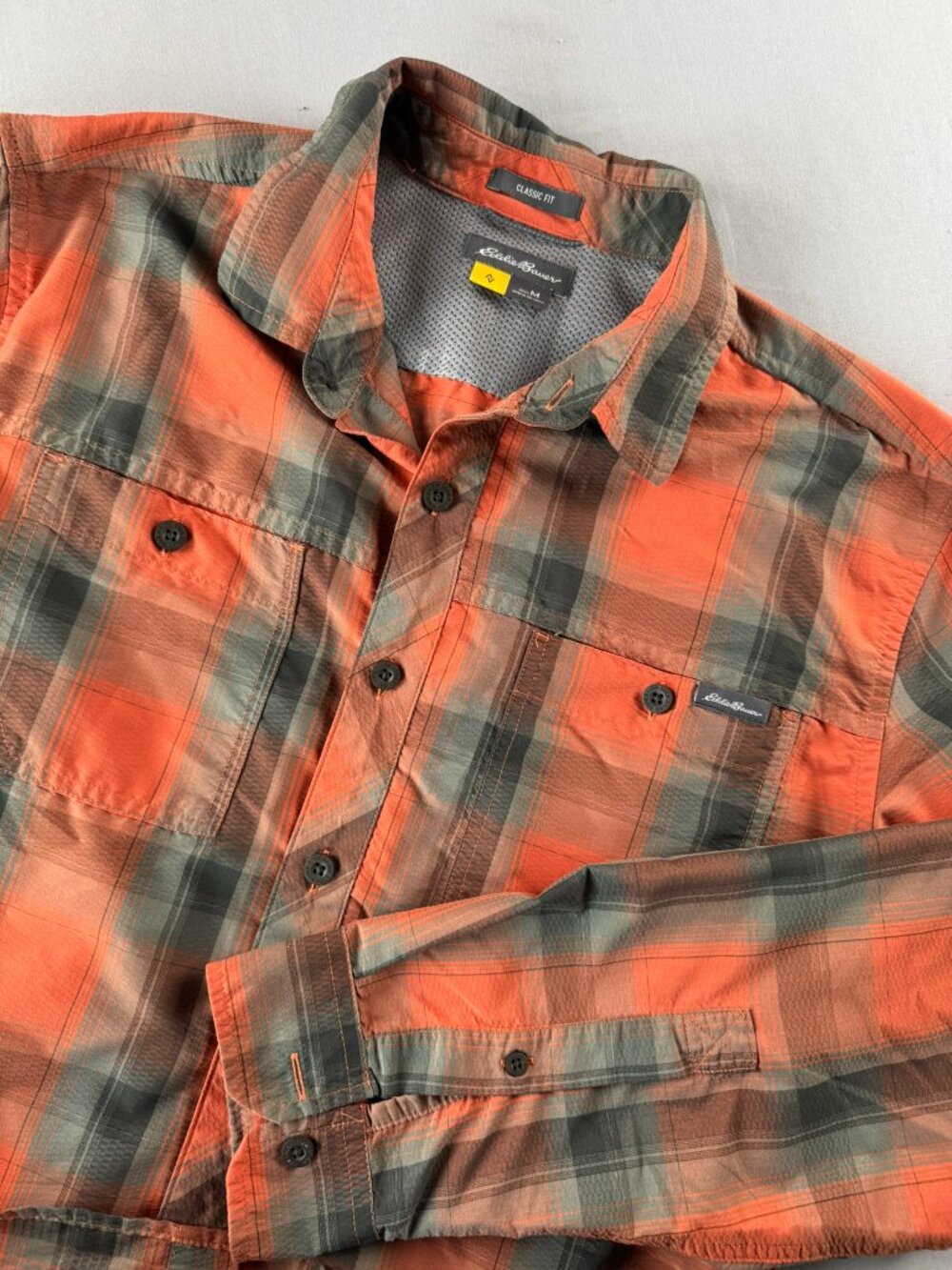 Eddie Bauer Men's M Orange Gray Plaid Button-down Lightweight Outdoor Shirt